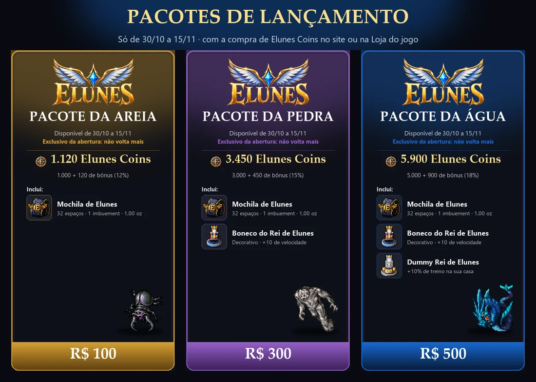 Pacotes de Lançamento: Areia, Pedra e Água